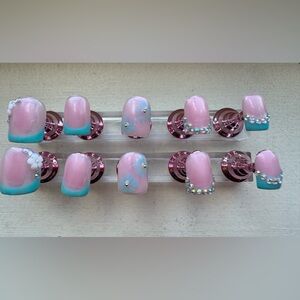 Pink and Teal Press-On Nail Set with Crystal Accents